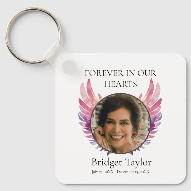Pink & Purples Angel Wings Funeral Photo Memorial Keychain (Front)