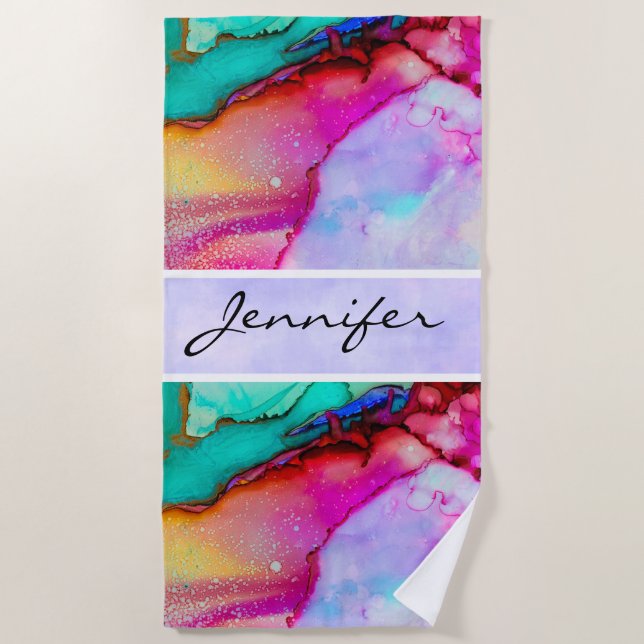 Pink PurpleTurquoise Marble Abstract Watercolor Beach Towel (Front)