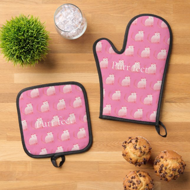 Pink Purrfect Cat  Oven Mitt & Pot Holder Set (Top Down)
