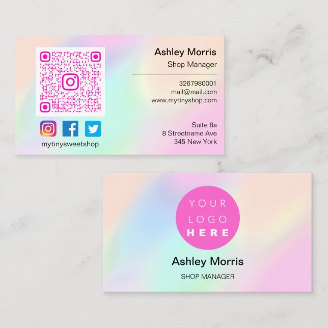  Pink QR Code Logo Social Media Online Blue Business Card (Front/Back)