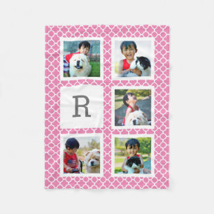 Pink Quatrefoi Personalized Photo Collage Monogram Fleece Blanket