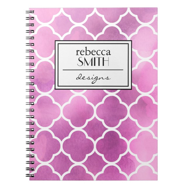 Pink Quatrefoil, Latticework, Trellis, Watercolors Notebook (Front)