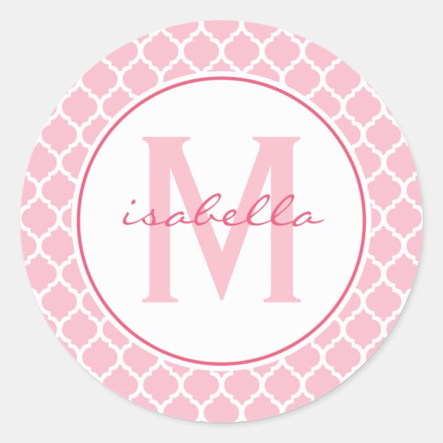 Pink Quatrefoil Monogram Classic Round Sticker (Front)