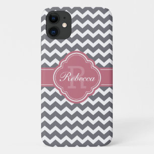 Pink Quatrefoil Monogram Grey Chevron Pattern iPhone 11 Case