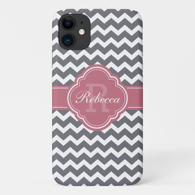 Pink Quatrefoil Monogram Grey Chevron Pattern Case-Mate iPhone Case (Back)
