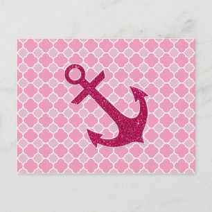 Pink Quatrefoil Pattern Glitter Sparkles Anchor Postcard