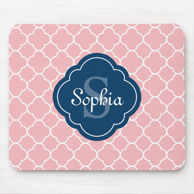 Pink Quatrefoil Pattern Navy Monogram Mouse Pad (Front)