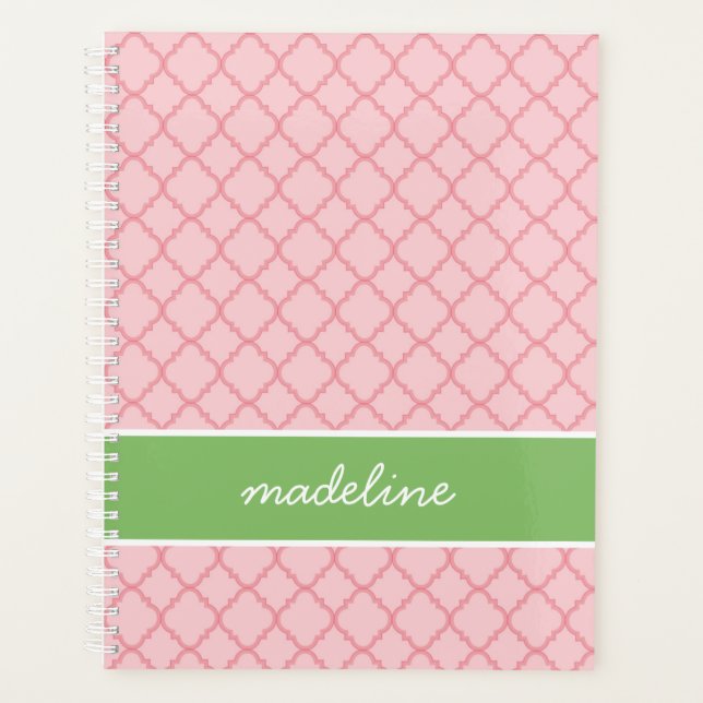 Pink Quatrefoil | Pink and Green Preppy Planner (Front)