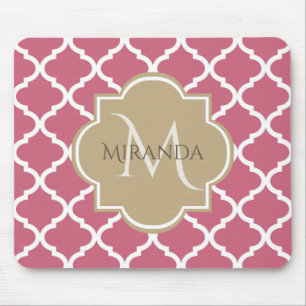 Pink Quatrefoil With Girly Monogram and Name Mouse Pad