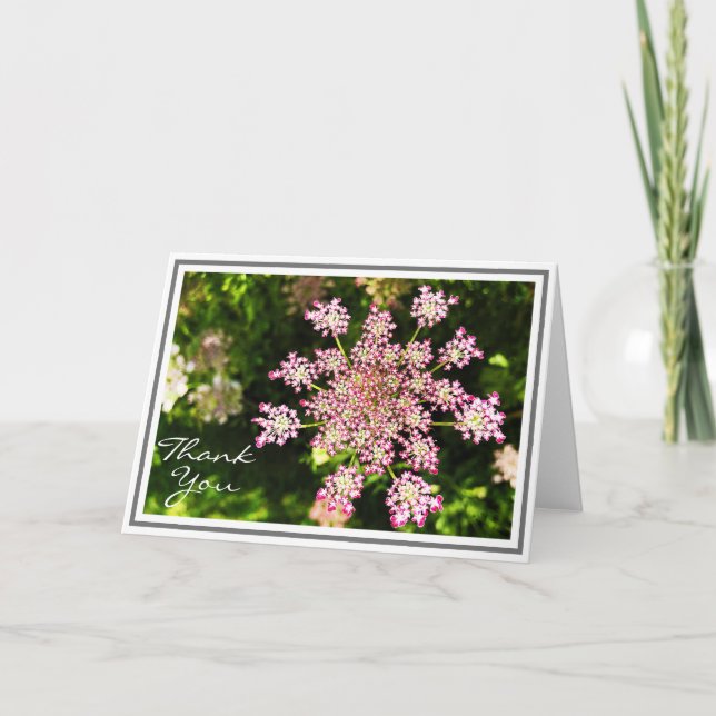 Pink Queen Anne’s Lace Flower With Green Foliage Card (Front)