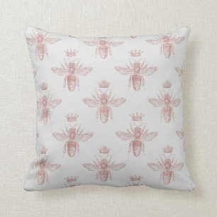 Pink Queen Bees on White Decoupage Throw Pillow