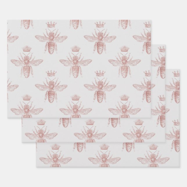 Pink Queen Bees on White Decoupage Wrapping Paper Sheet (Set)