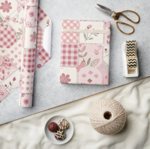 Pink Quilt Gingham Cottagecore Floral Wrapping Paper