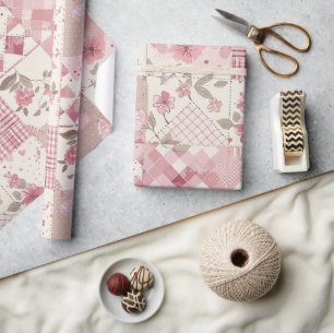 Pink Quilt Gingham Cottagecore Floral Wrapping Paper