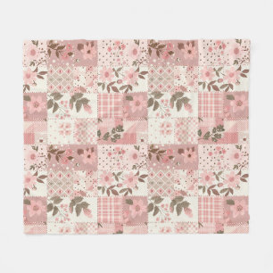 Pink Quilt Patchwork Gingham Cottagecore Floral Fleece Blanket