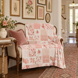 Pink Quilt Patchwork Gingham Cottagecore Floral Fleece Blanket