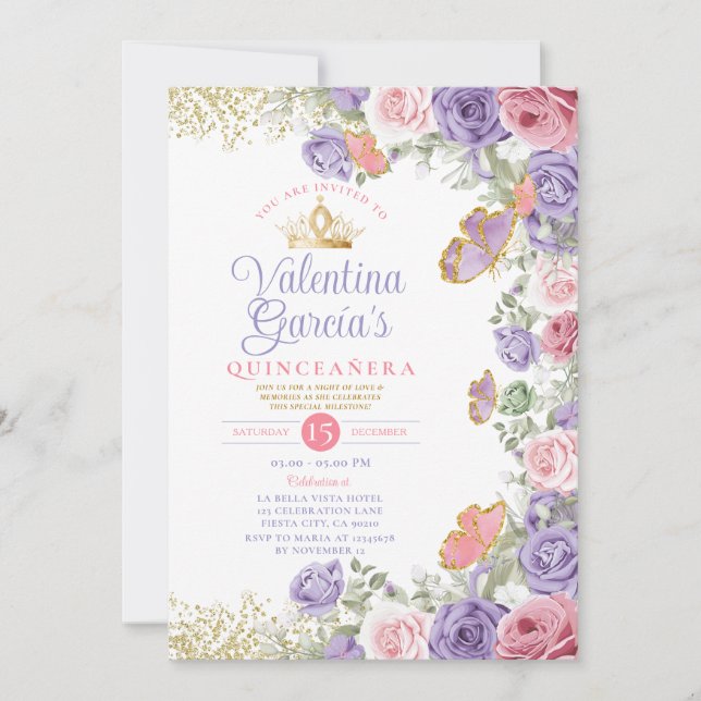 Pink Quinceañera 15 Anos Purple Flowers Gold Crown Invitation (Front)