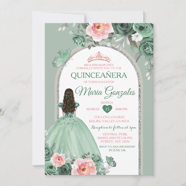 Pink Quinceañera Dusty Green Crown Butterfly Invitation (Front)
