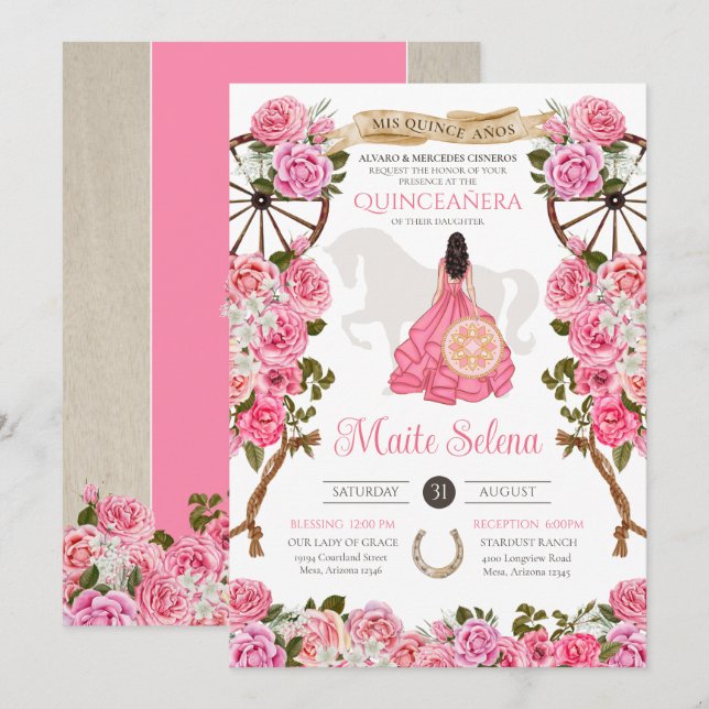 Pink Quinceanera Elegant Rose Charro Birthday Invitation (Front/Back)