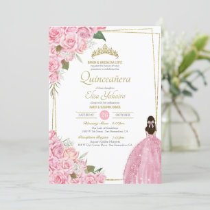 Pink Quinceanera Floral Rose Quince Elegant Gown I Invitation
