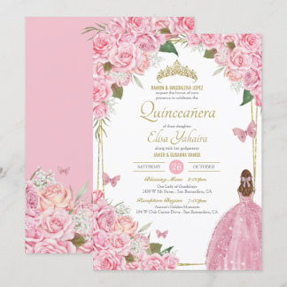 Pink Quinceanera Floral Rose Quince Gown Butterfly Invitation
