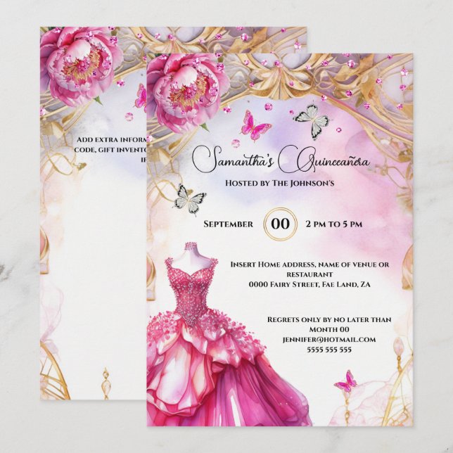 Pink Quinceañera peony ballgown flowers elegant Invitation (Front/Back)