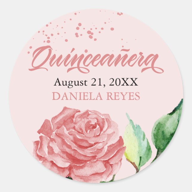 Pink Quinceanera Watercolor Rose Bloom Custom Classic Round Sticker (Front)