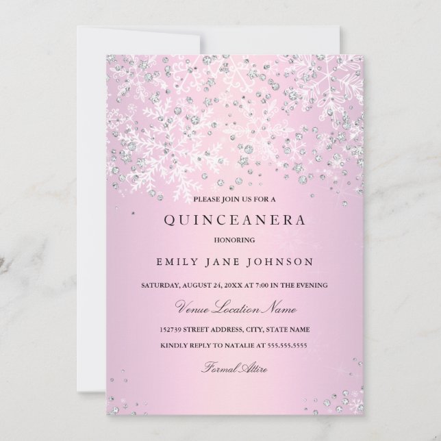 Pink Quinceanera Winter Wonderland Snowflakes Invitation (Front)