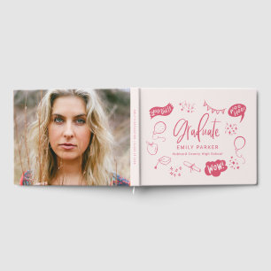 Pink Quirky Doodle Graduation Party Photo Guest Book