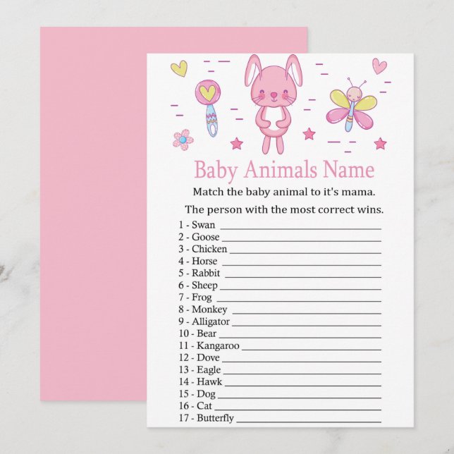 Pink Rabbit Baby Animals Name Game Invitation (Front/Back)