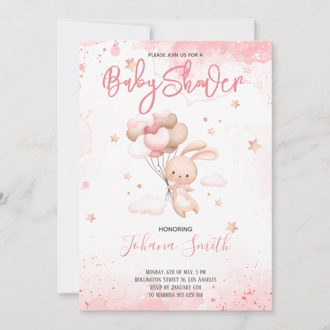 Pink Rabbit Balloon Baby Shower Invitation (Front)