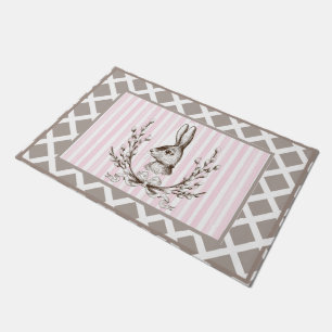 Pink Rabbit Bunny Watercolor French Country Doormat