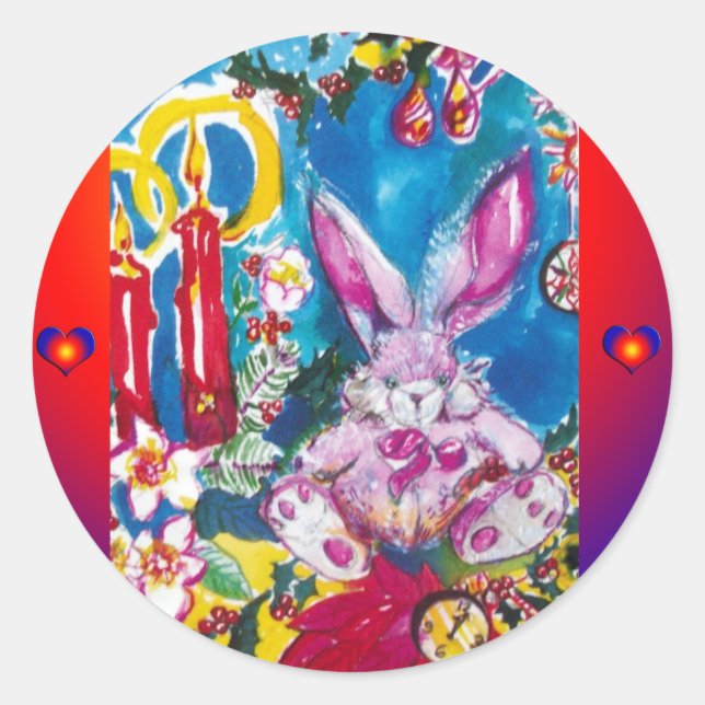 PINK RABBIT,CHRISTMAS CANDLES AND HOLLYBERRIES CLASSIC ROUND STICKER (Front)