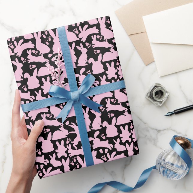 Pink Rabbits Pattern Black BG Wrapping Paper (Gifting)