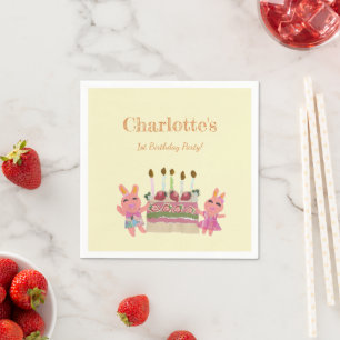Pink Rabbits Strawberry Cake Kids Birthday Yellow Napkin