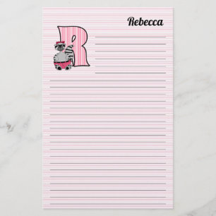 Pink Raccoon Mongram Letter R with Name Lined Stationery