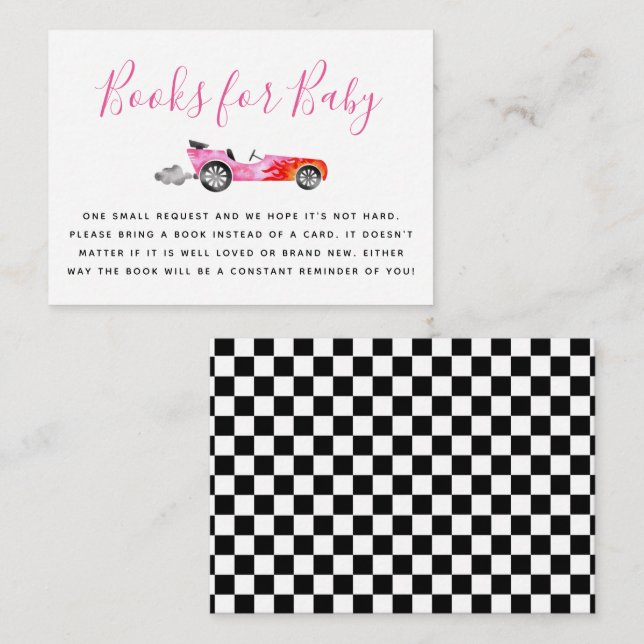 Pink Race Car Baby Shower Book Request Enclosure Card (Front/Back)