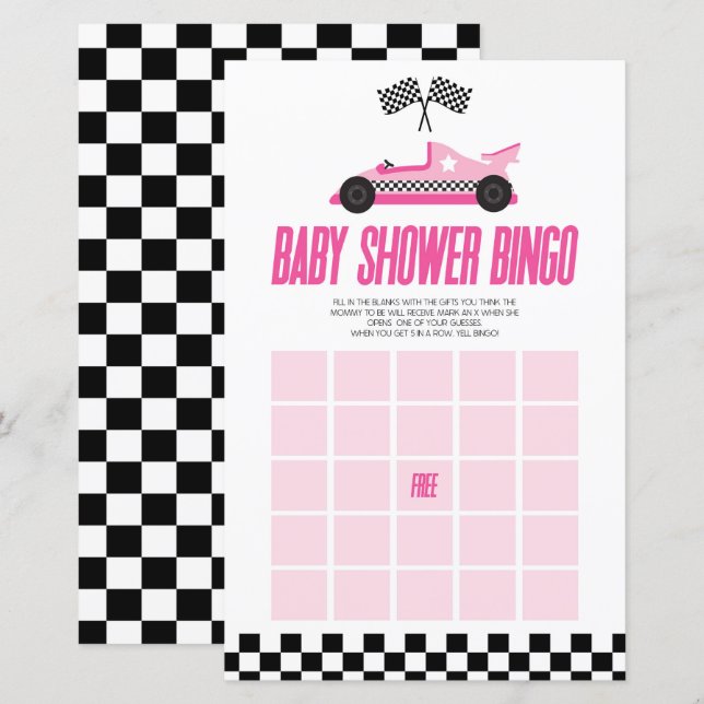 Pink Race Car Bingo Baby Shower Game (Front/Back)