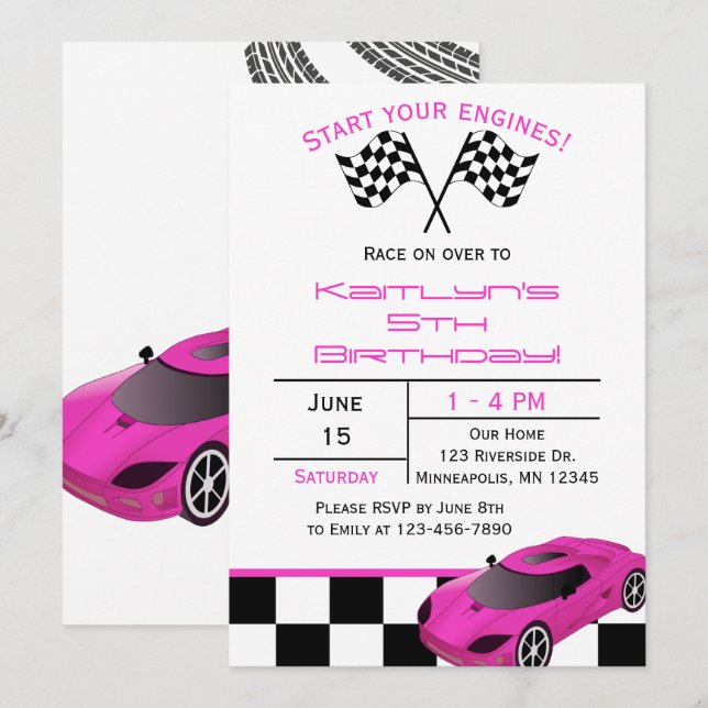 Pink Race Car | Custom Kids Birthday Invitation (Front/Back)