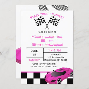 Pink Race Car   Custom Kids Birthday Invitation