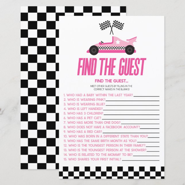 Pink Race Car Find The Guest Baby Shower Game (Front/Back)