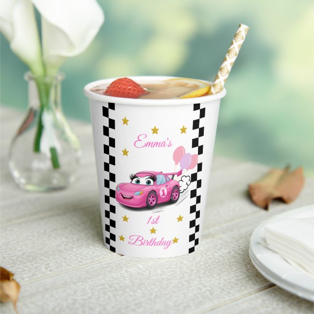 Pink Race Car Gold Stars Birthday Party Paper Cups (Insitu)