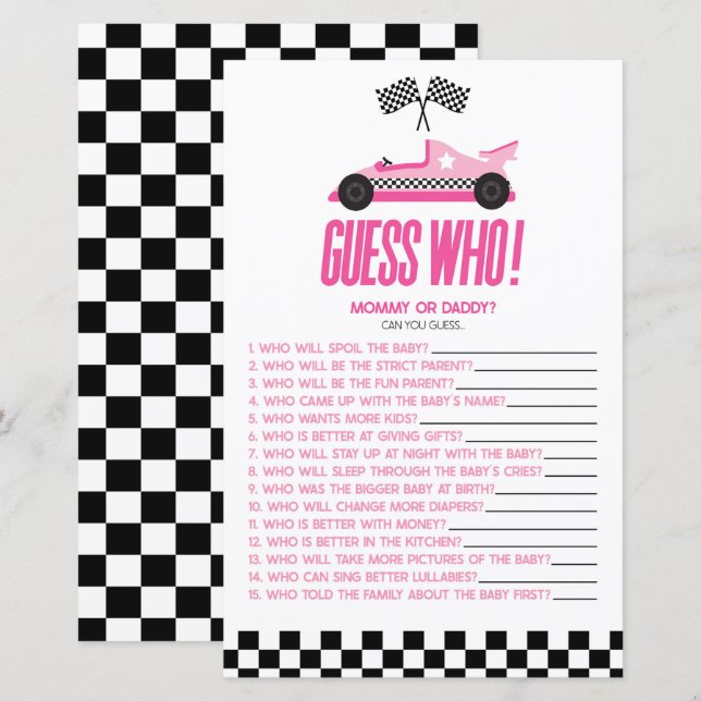 Pink Race Car Guess Who Baby Shower Game (Front/Back)