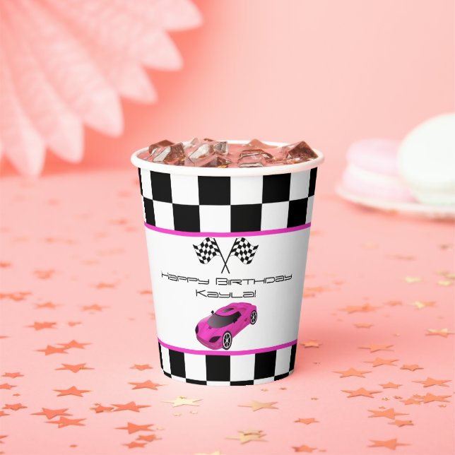 Pink Race Car | Kids Birthday Party Paper Cups (Insitu)