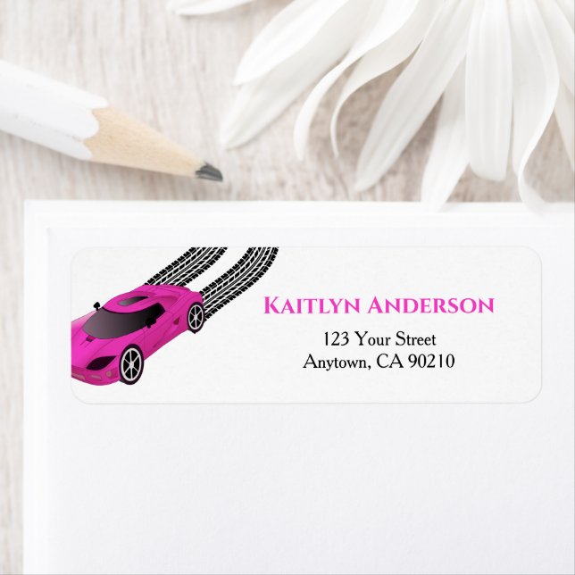 Pink Race Car | Kids Custom Return Address (Insitu)