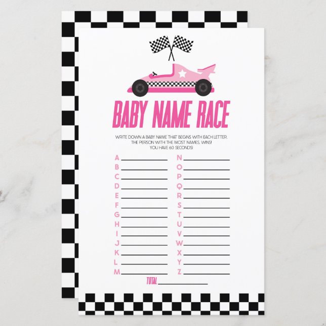 Pink Race Car Name Race Baby Shower Game (Front/Back)