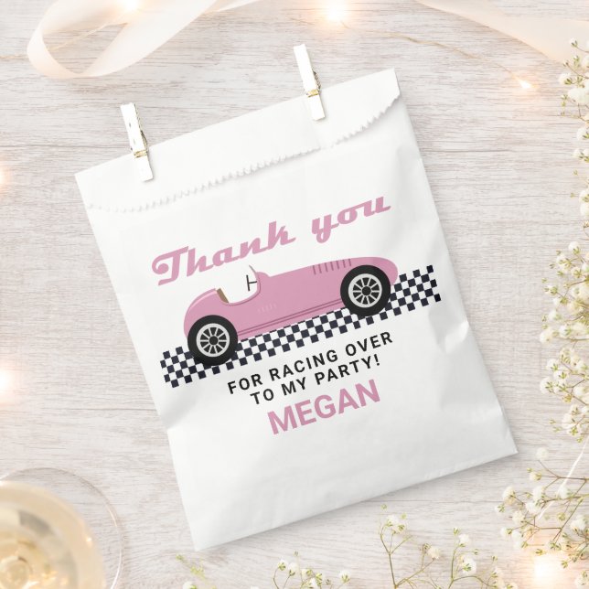 Pink Race Car Racing Birthday Party Favour Bag (Clipped)
