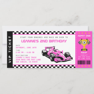 Pink Race Car Ticket Pass Girl Birthday Party Invitation