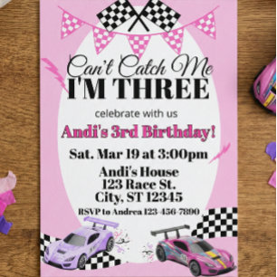Pink Racecar, Can't Catch Me 3rd Birthday Invitation