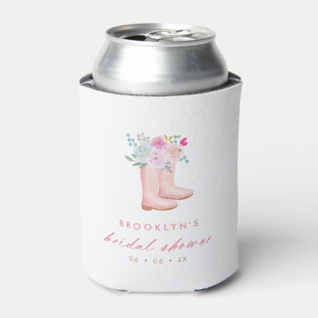 Pink Rain Boots & Flowers Bridal Shower Can Cooler (Can Front)